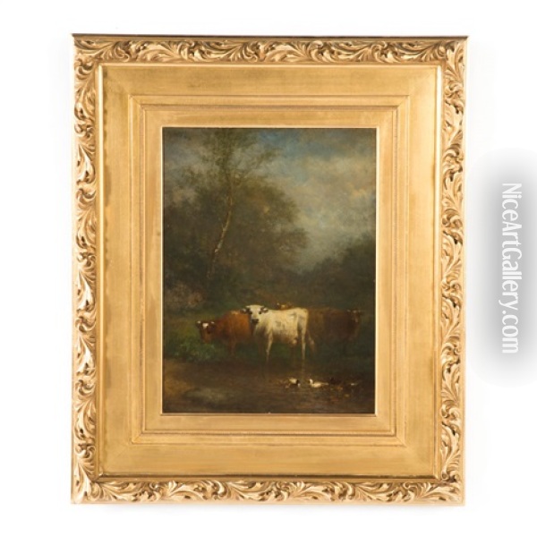 Cows And Ducks Along The Water Oil Painting - James McDougal Hart