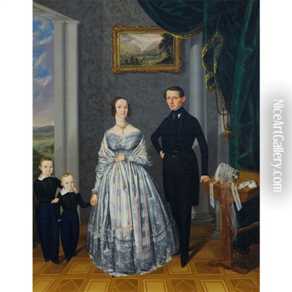 Family Portrait In An Interior With Tile Floor Oil Painting - Alois Spulak