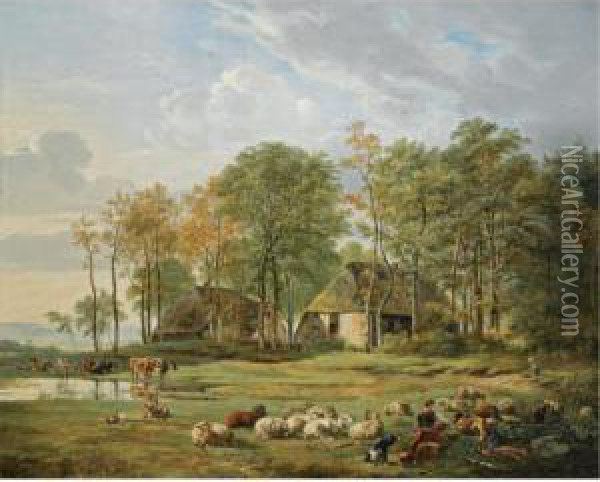Resting Herdsmen Near A Farmstead Oil Painting - Pieter Gerardus Van Os