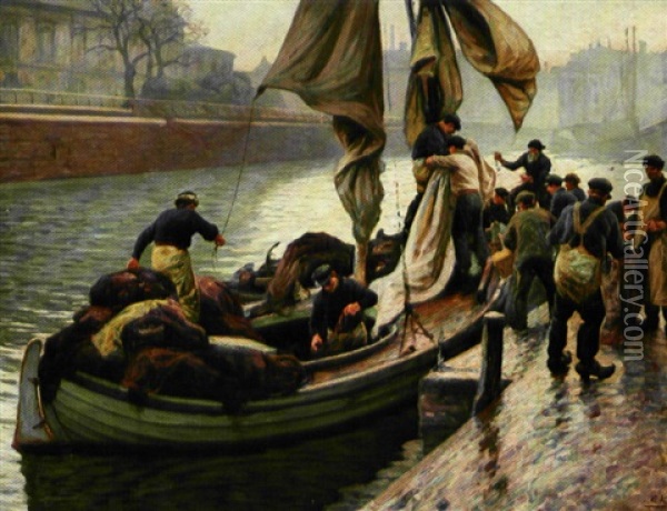 Fiskerbad, Der Laegger Til Kaj Ved Gl. Strand Oil Painting - Emil Axel Krause