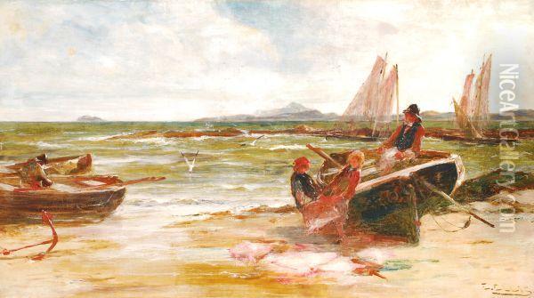 Beachscene With Fisherfolk At Low Tide Oil Painting - Edwin Ellis
