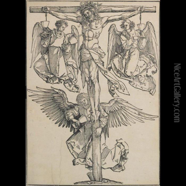 Christ On The Cross With Three Angels, Second State, [b. 58] Oil Painting - Albrecht Durer