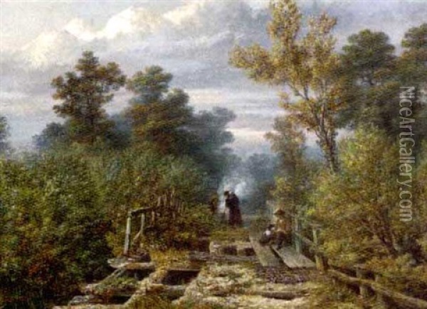 At The Old Bridge Oil Painting - Charles James Lewis