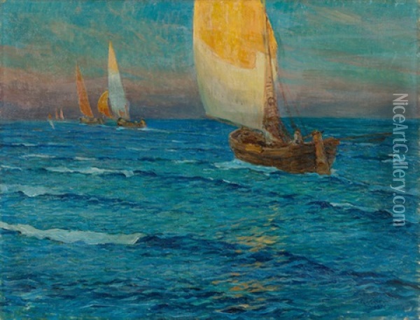 Segelschiffe In Kustennahe Oil Painting - Ugo Flumiani