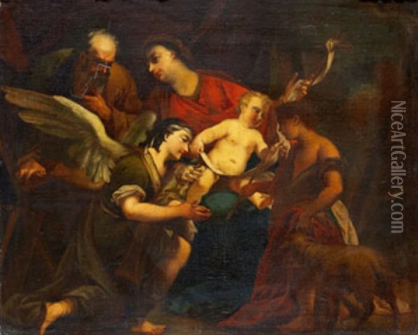 Den Heliga Familjen Med Johannes Doparen Och Arkeankeln Gabriel Oil Painting - Stefano Magnasco