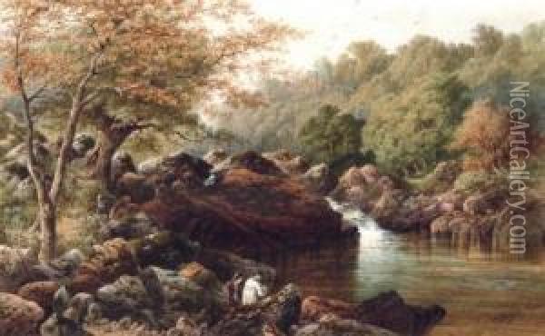 A Tranquil Pool With Fisherman Oil Painting - Charles Edward Snr Brittan