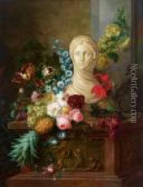Bottega Un Busto Femminile In 
Pietra Su Un Piedistallo In Pietra Circondato Da Fiori E Frutta Oil Painting - Cornelis van Spaendonck