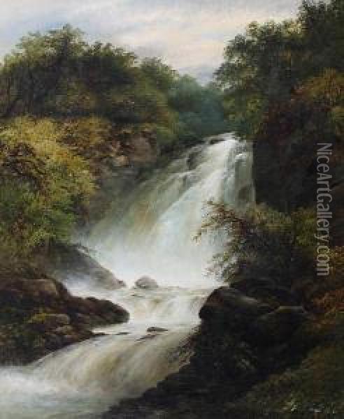 Wooded Waterfall Oil Painting - George B. Yarnold