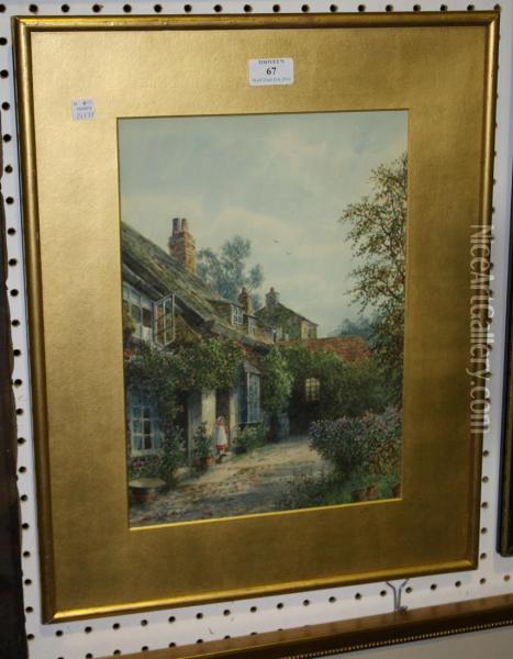 View Of A Cottage With A Young Girl Standing On The Doorstep Oil Painting - Albert Dunnington