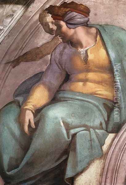 Uzziah - Jotham - Ahaz (detail-1) 1511-12 Oil Painting - Michelangelo Buonarroti