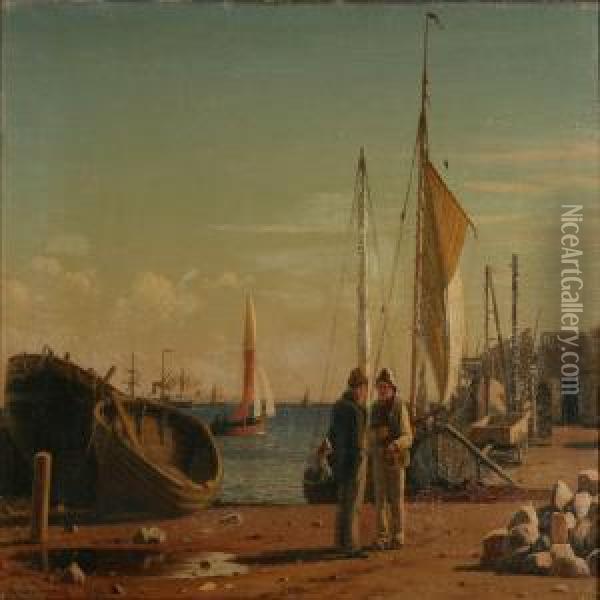 Fishermen In Conversation On Kalkbraenderihavnen,denmark Oil Painting - Christian Eckardt