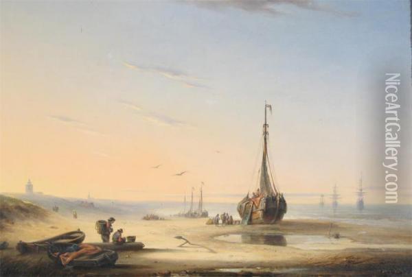 Fishing Boats And Figures On The Shore Oil Painting - John Wilson Carmichael