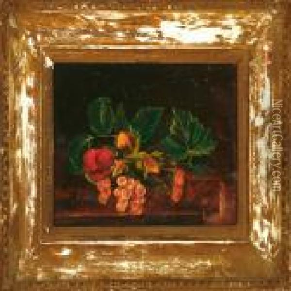 Bouquet Fruits And Leaves On A Stone Frame Oil Painting - I.L. Jensen