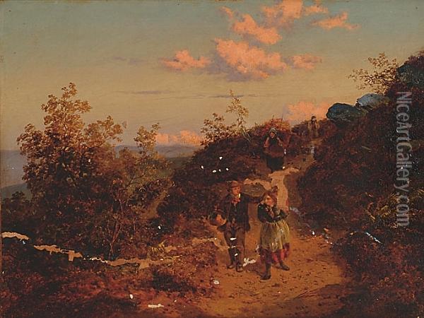 Figures Walking Along A Hillside Footpath Oil Painting - Henry Jutsum