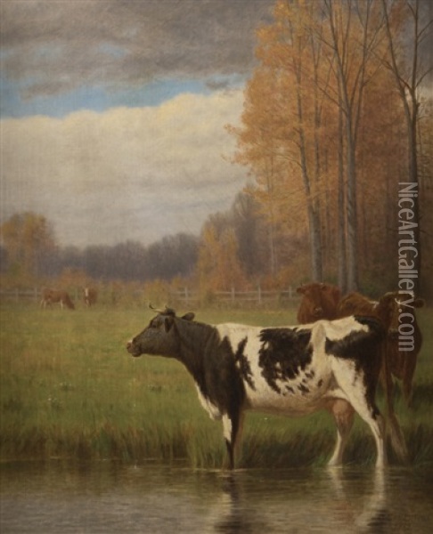 Cows In A Pastoral Autumn Landscape Oil Painting - Clinton Loveridge