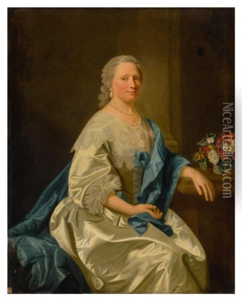 Portrait Of Miss Leighton, Three-quarter Length, Wearing A White Satin Dress And Blue Scarf Oil Painting - Allan Ramsay