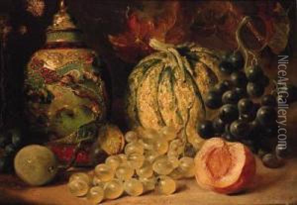 Grapes, Plums, A Peach, A Gourd And A Chinese Vase Oil Painting - William Duffield