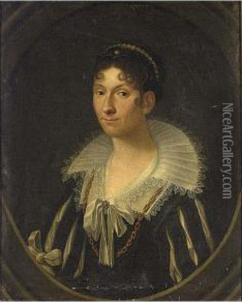A Portrait Of A Lady, Half 
Length, Wearing A Black Dress With An Elaborate White Lace Collar, In A 
Painted Oval Oil Painting - Lavinia Fontana