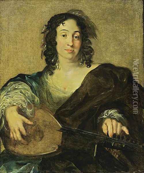 A Young Woman Tuning a Lute Oil Painting - Nicolaes Berchem