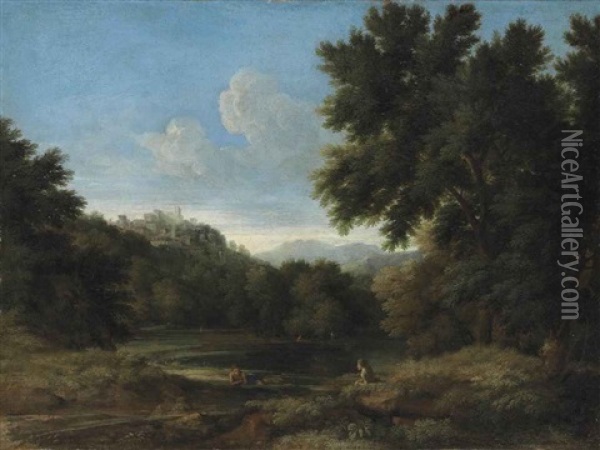 A Wooded River Landscape With Figures Resting, A Town On The Mountains Beyond Oil Painting - Gaspard Dughet