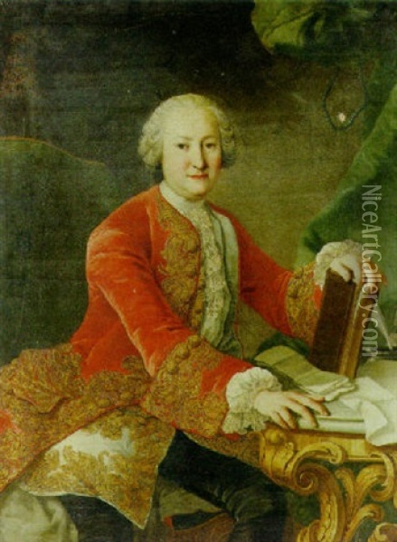 Portrait Of A Gentleman Wearing A Red Jacket And A White Waistcoat And Cravat Beside A Marble Table, His Hand Resting On A Book Oil Painting - Martin van Meytens the Younger