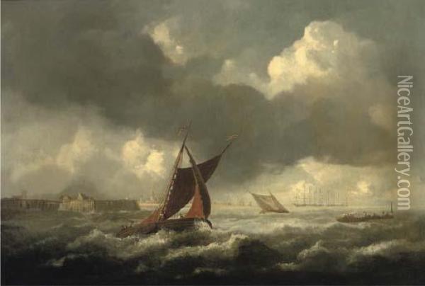 A Seascape With Shipping Off The Coast, Three-masters Beyond Oil Painting - Jacob Van Ruisdael