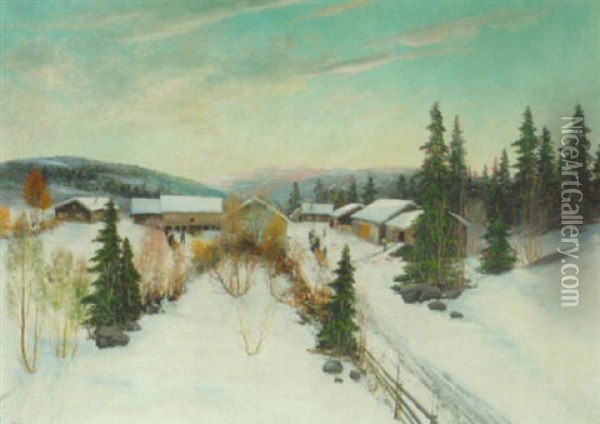 Vinterdag I Landsbyen I Norge Oil Painting - Sigvald Simensen