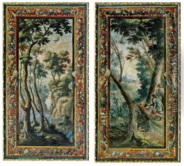 Waldlandschaft Mit Einem Wasserfall (+ Zwei Jager In Einer Waldlandschaft; 2 Works) Oil Painting - Johann Elias Ridinger