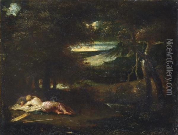 A Wooded Landscape With Diana Sleeping Oil Painting - Ippolito Scarsella (see Scarsellino)