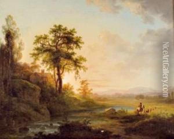 Troupeau Et Cavaliers Dans Un Paysage Au Soleil Couchant Oil Painting - Abraham Pether