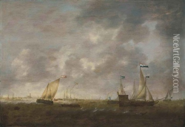 The Zeeland Fleet On The Merwede, Dordrecht In The Distance Oil Painting - Jacob Adriaenz. Bellevois