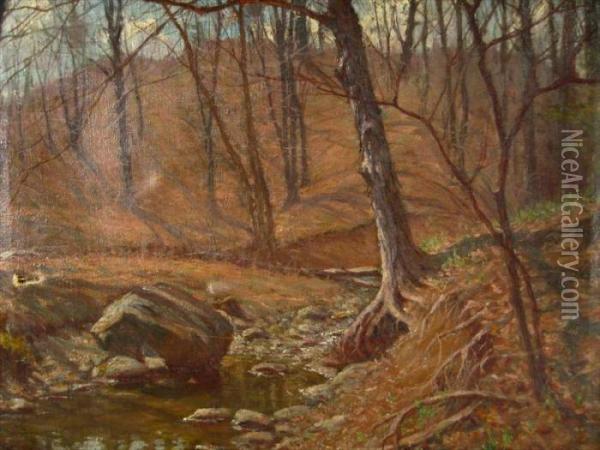 Fall Landscape With River And Rock Oil Painting - Hal Robinson