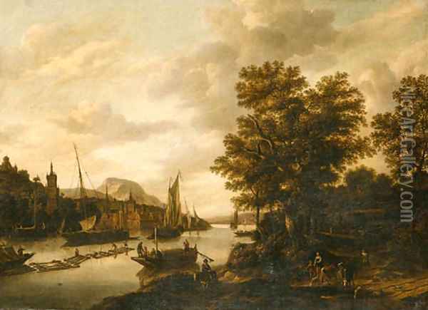 .A river Landscape with Loggers and Sailboats Oil Painting - Adriaen Hendriksz. Verboom