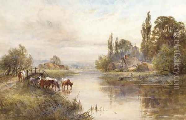 Cattle on the banks of a river Oil Painting - Henry John Kinniard