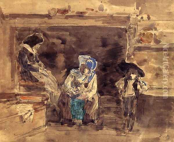 Breton Family by the Fireplace Oil Painting - Eugene Boudin
