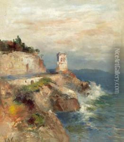 Rocky Cost With Ruined Tower. Oil Painting - Nicolai Von Astudin