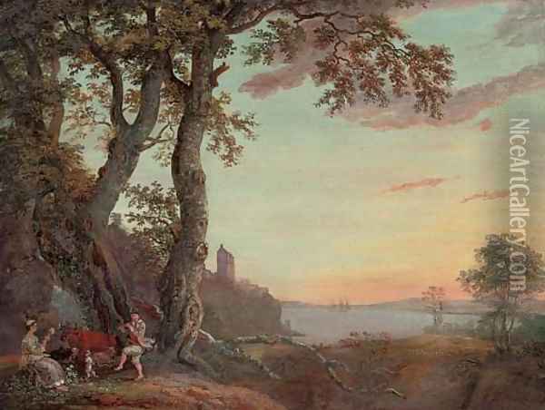 An extensive wooded river landscape with an amorous couple making music under a tree Oil Painting - Paul Sandby