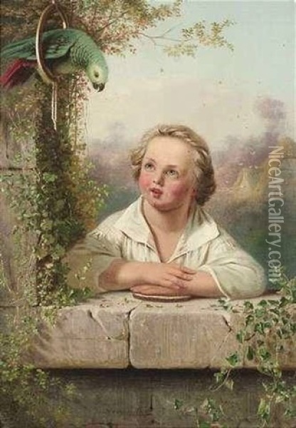 Ein Kleiner Junge Beobachtet Einen Papagai Oil Painting - Hermann Wuerz