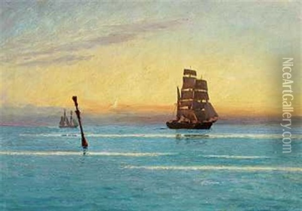 Solnedgang Over Havet Med Sejlskibe I Horisonten Oil Painting - Carl Ludvig Thilson Locher