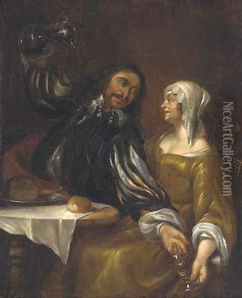 A man pouring wine into a roemer held in a woman's right hand Oil Painting - Gerard Pietersz. Van Zyl