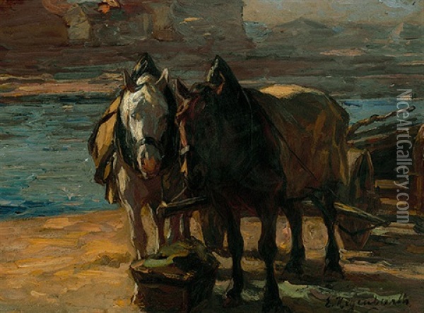 Zwei Pferde Im Geschirr Am Flussufer Oil Painting - Emanuel Hegenbarth