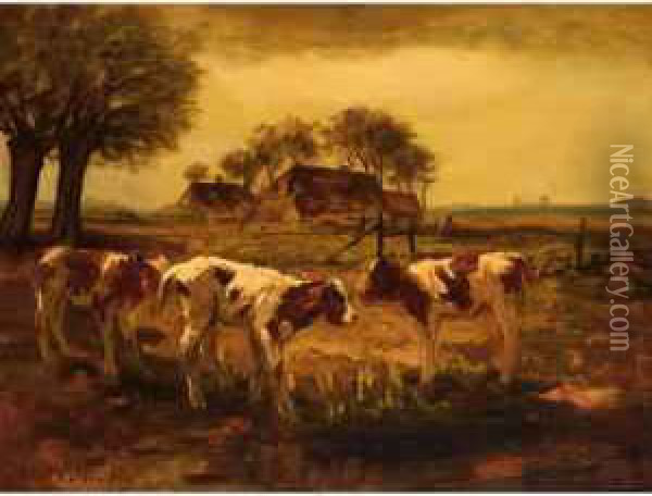 Calfs In A Landscape Oil Painting - Fedor Van Kregten