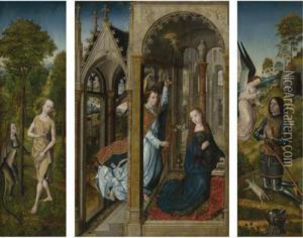 A Triptych:
 Central Panel: The Annunciation
 Left Inner Wing: Temptation Of Eve In The Garden
 Left Outer Wing: Saint James The Greater
 Right Inner Wing: An Angel Appearing To A Donor Figure
 Right Outer Wing: Saint Thomas Aquinas Oil Painting - Follower of Hugo van der Goes