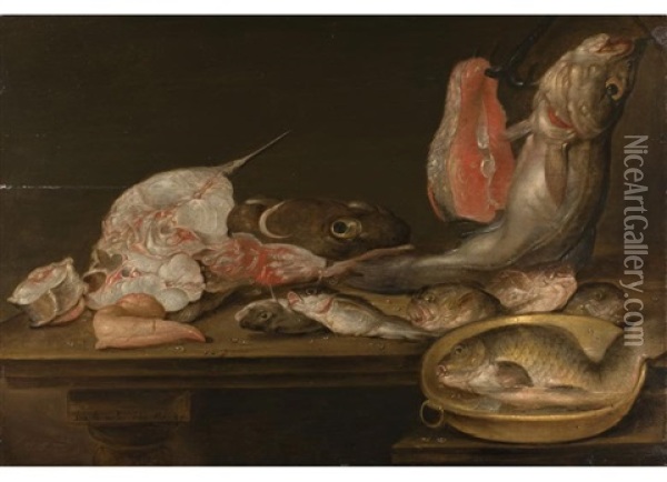 Stilleben Mit Fischen Und Einer Scheibe Lachs Auf Tischplatte Oil Painting - Alexander Adriaenssen the Elder