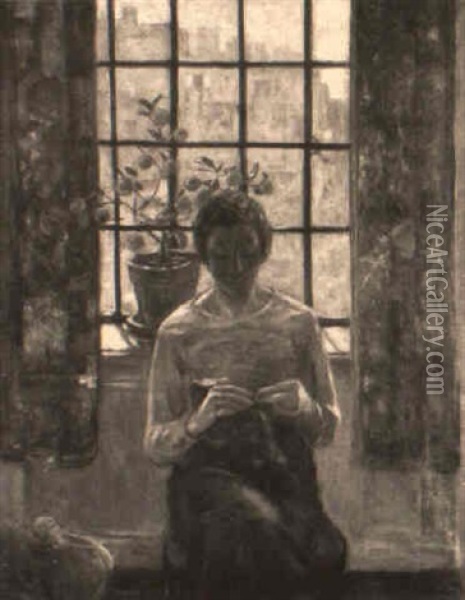Self Portrait, The Artist Knitting Before A Window With A View Of Manhattan Oil Painting - Elizabeth Curtis