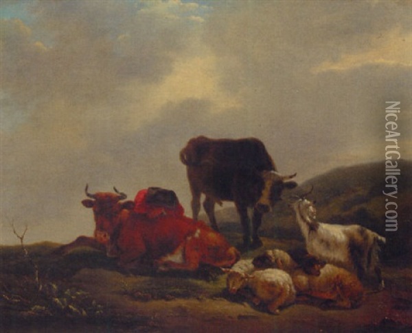 A Landscape With A Herdsman Resting Amongst Cattle And Sheep Oil Painting - Jean-Francois Legillon