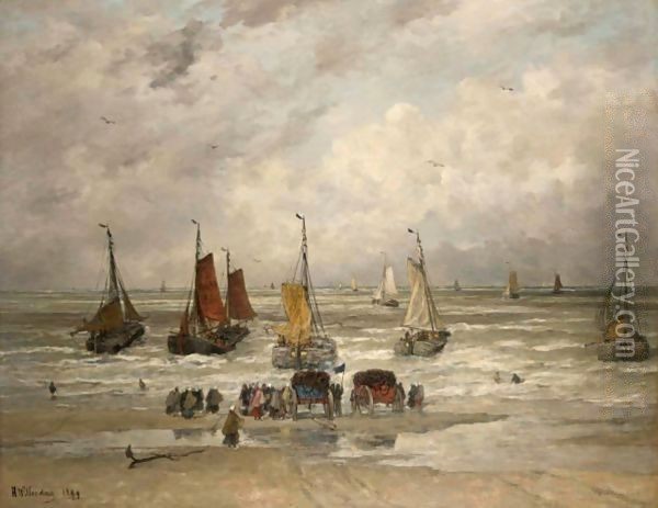 The Fishing Fleet Sailing Out Oil Painting - Hendrik Willem Mesdag