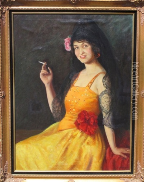 Portrait Of A Woman In A Yellow Dress Oil Painting - Harold Streator
