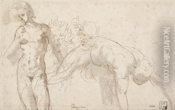 Study Of Two Nude Figures And Three Grotesque Heads Oil Painting - Jacopo Zanguidi, Called Jacopo Bertoija