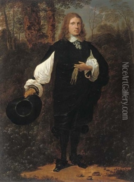 Portrait Of A Gentleman In A Black Costume With White Sleeves, Cuffs And Collar, Holding His Hat In His Right Hand And A Glove In His Left Hand Oil Painting - Thomas De Keyser